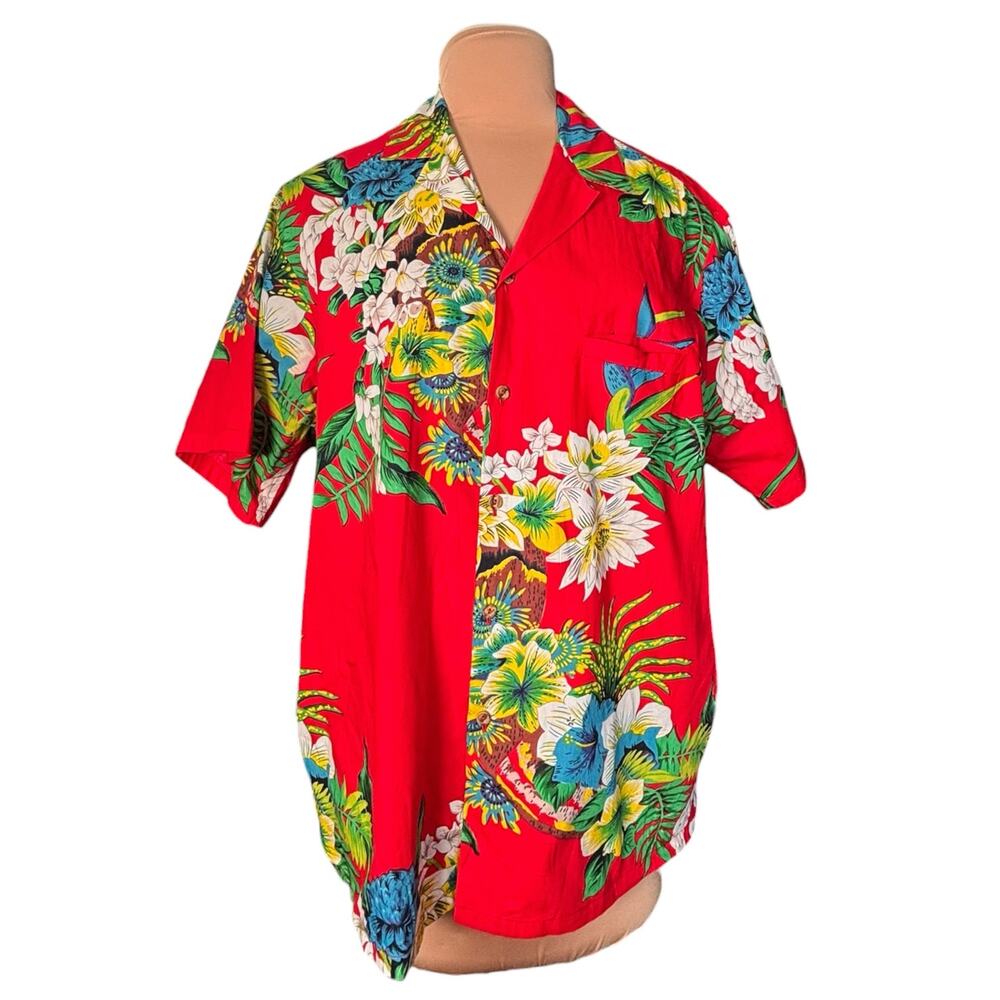 Vintage Barefoot In Paradise Hawaiian Shirt Red Tropical Floral Cotton Vacation